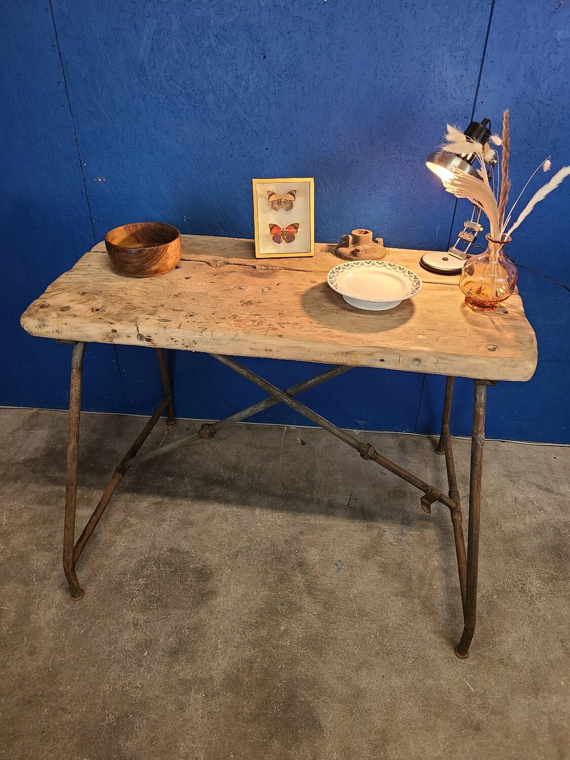 Vintage workbench circa 1930, folding metal leg.
