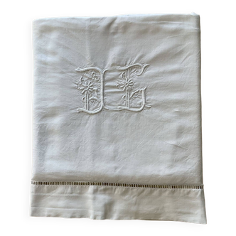 Drap ancien coton blanc brodé main