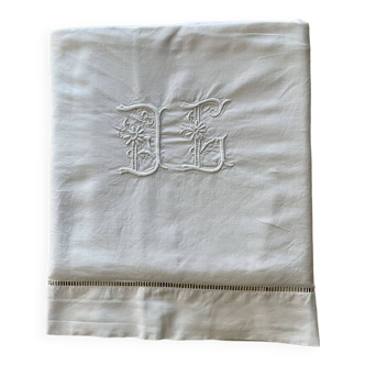 Old hand-embroidered white cotton sheet