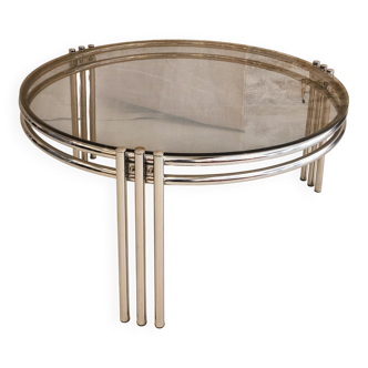 Table basse ronde chrome et verre fumé, 1970