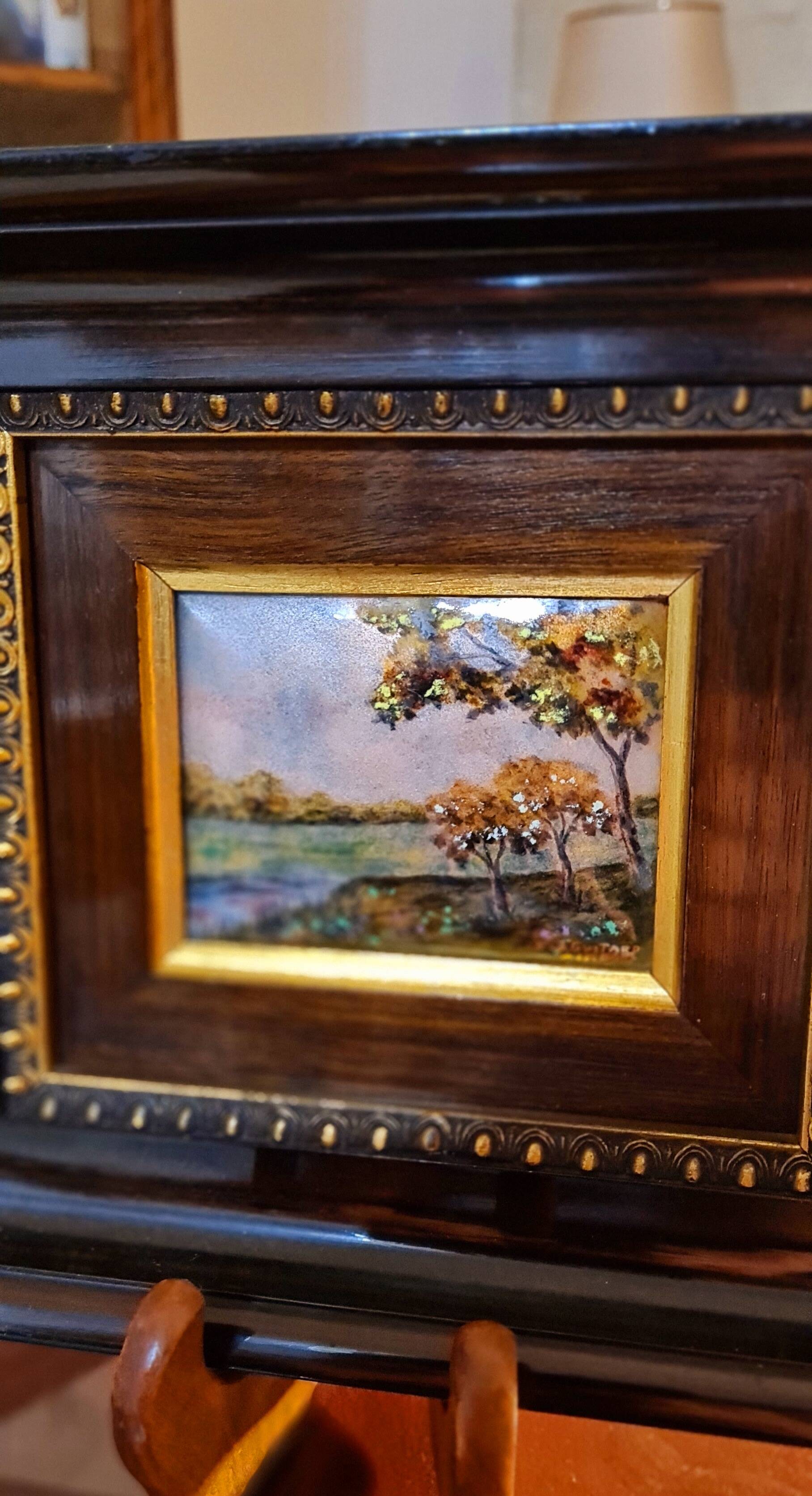 Original enamel painting, framed, signed EJ Guitard