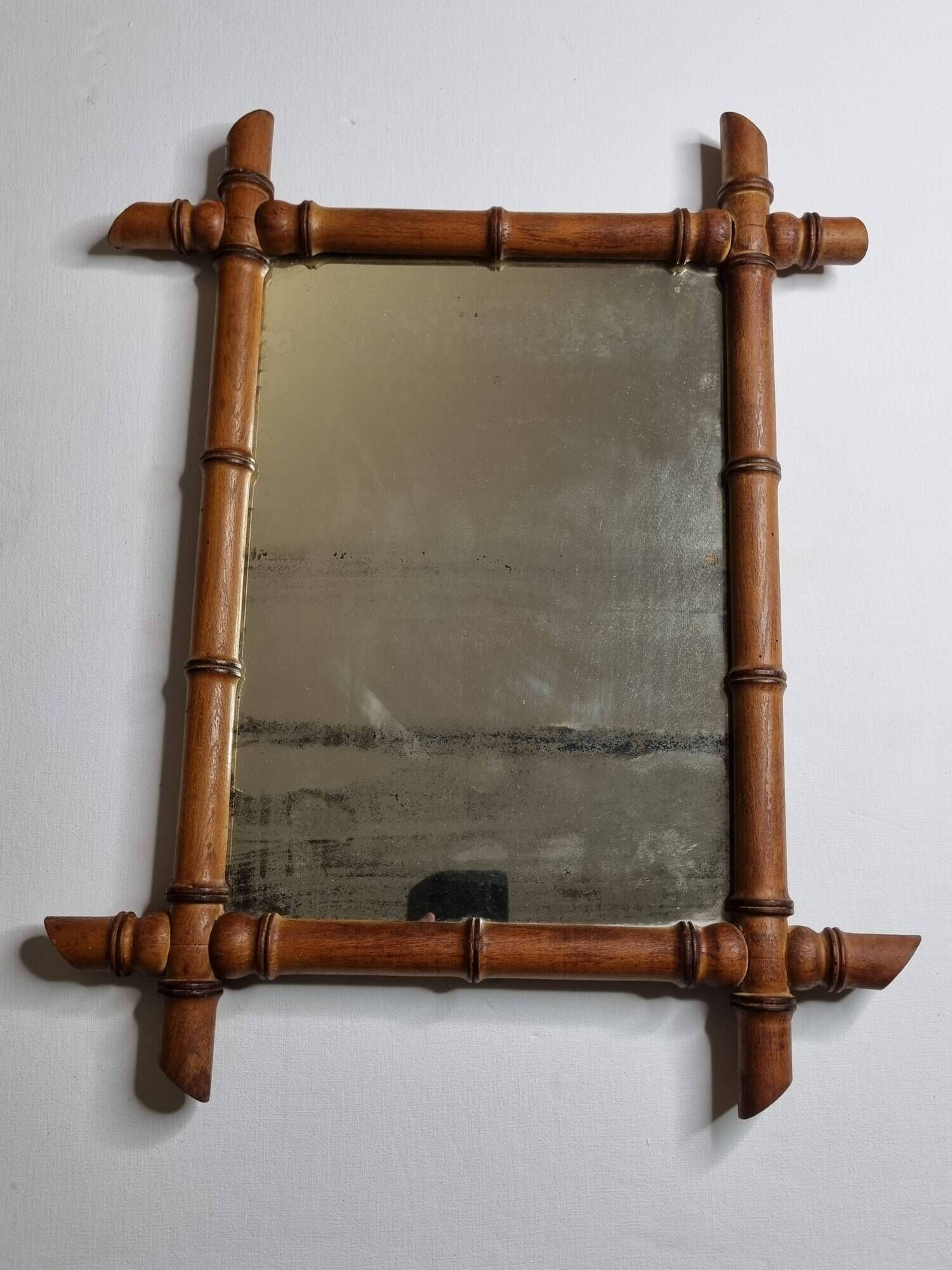 Turned wooden mirror in imitation of bamboo, mid-century, 47 cm x 59 cm
