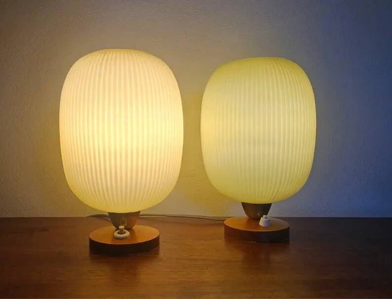 Rare Pair of Table Lamps, Glass and Wood, 1960s