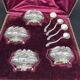 4 salt pots, silver, Ravinet D'enfert, 4 shovels, white glass interior, case, purple interior, 19th century