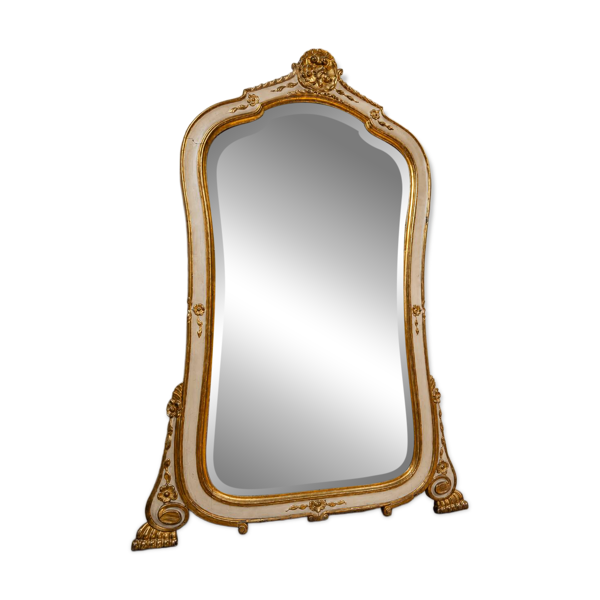Grand miroir de cheminée – Bois laqué crème et doré – Style Louis XV