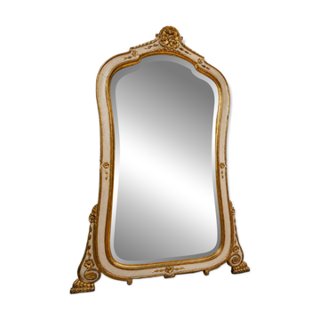 Grand miroir de cheminée – Bois laqué crème et doré – Style Louis XV