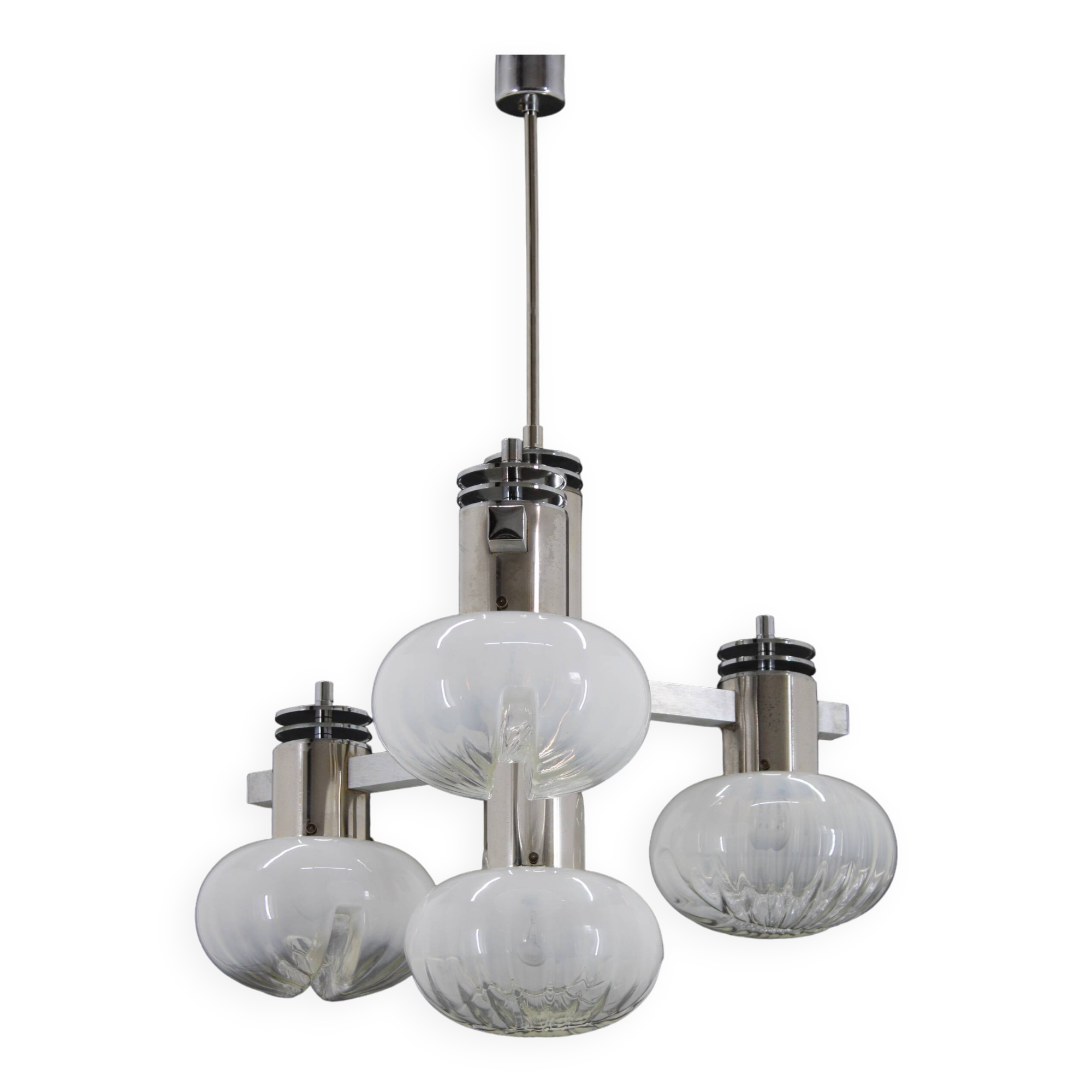 1970s Chrome Plated Chandelier with Murano Glass , Italy