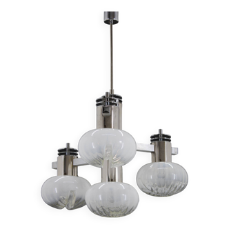 1970s Chrome Plated Chandelier with Murano Glass , Italy