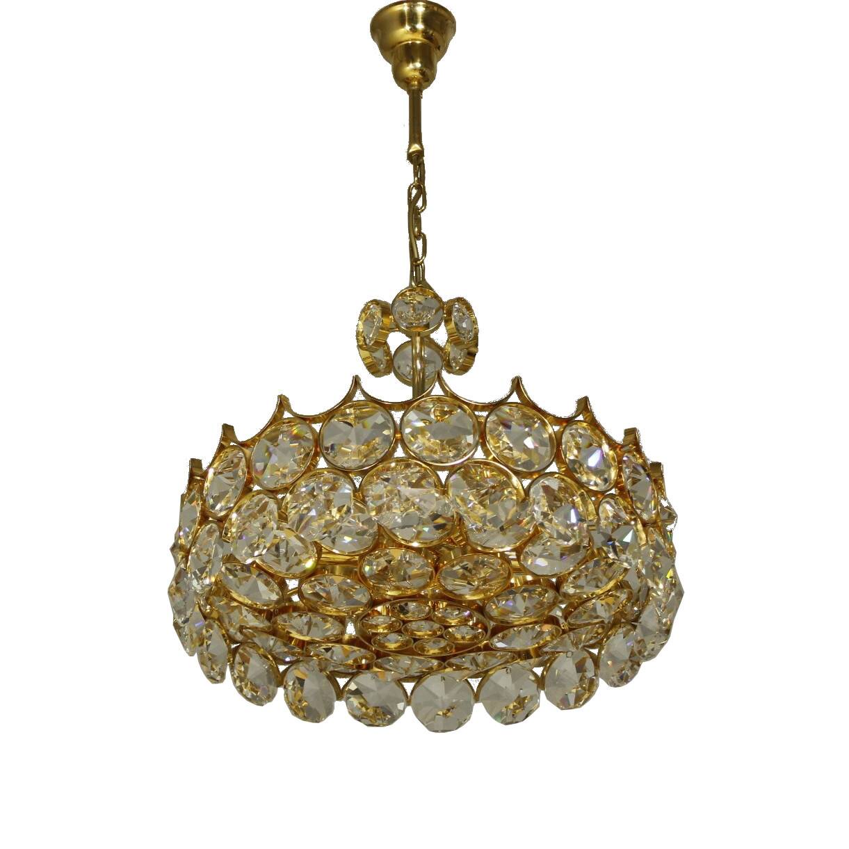 1970s Palwa Chandelier, gold plate and faceted crystals