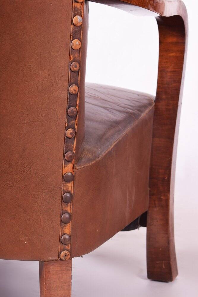 Vintage Art Deco Lounge Set in Walnut and Leather, 1930s, Set of 3