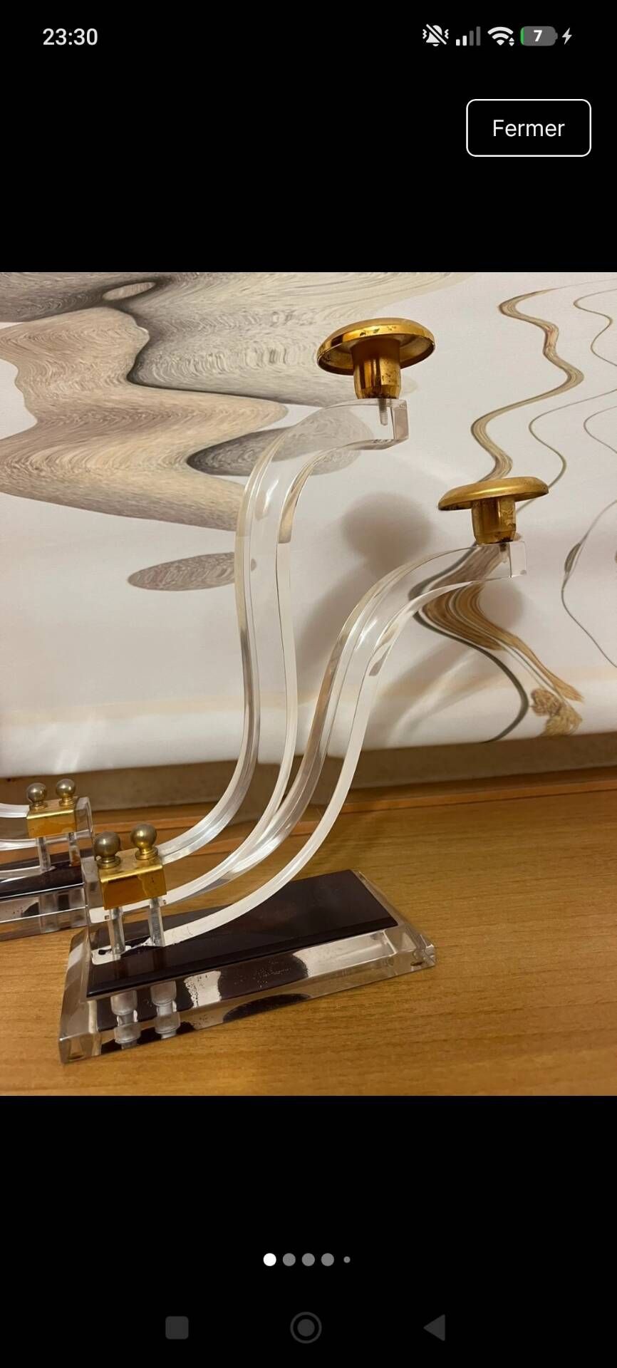 Chandelier with 3 branches in lucite (plexiglass) and gilded brass – Hol style