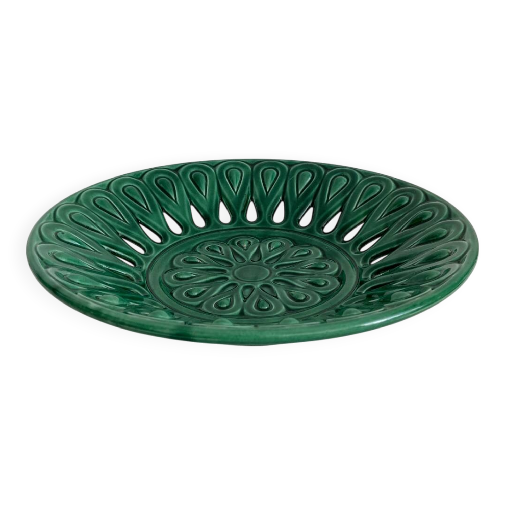 Vintage openwork green ceramic fruit bowl