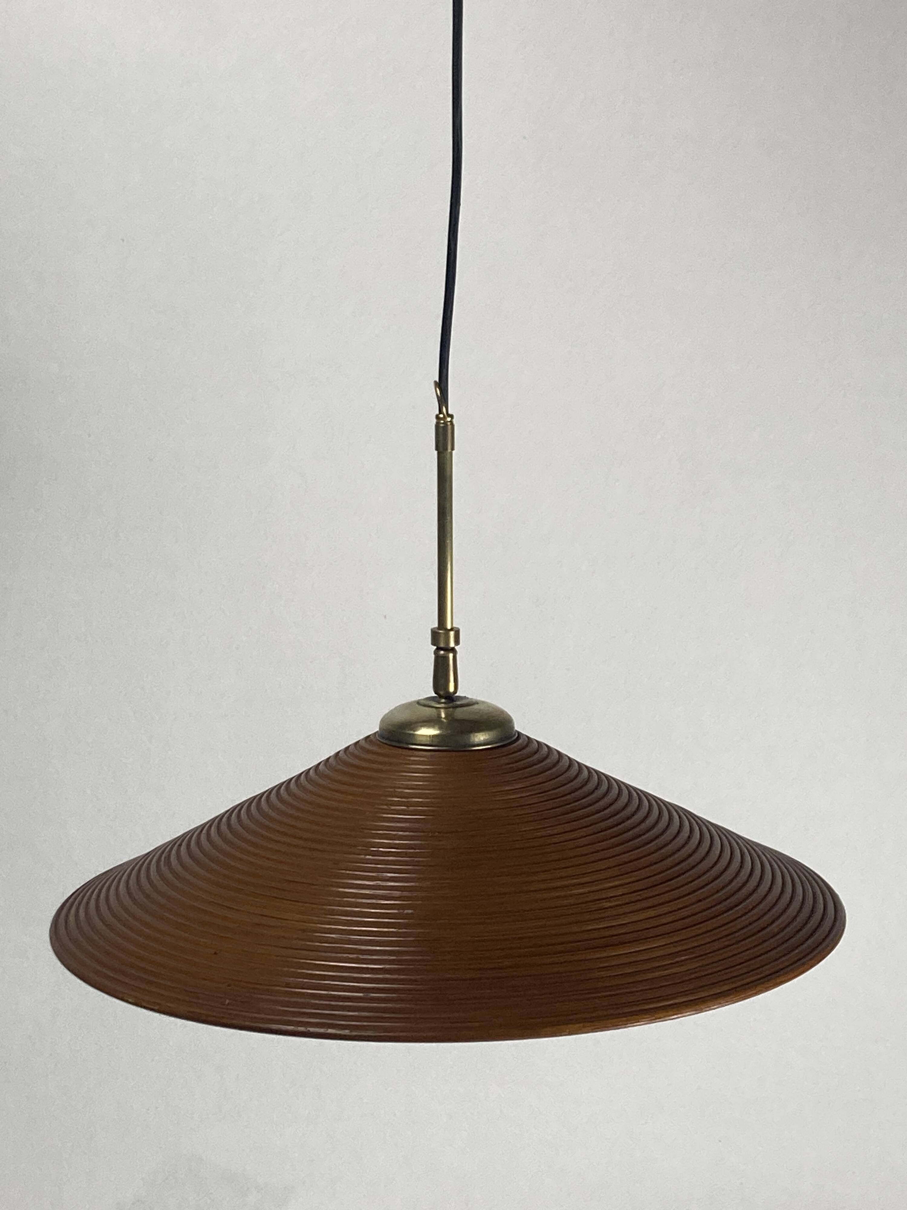 Pencil Split Reed, Rattan, Bamboo & Brass hanging Pendant Lamp, 1970s