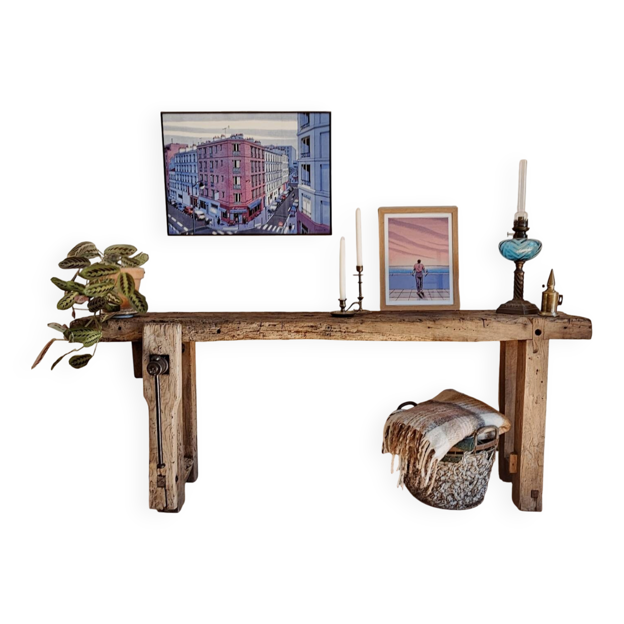 Ancien établi de menuisier – Console en bois massif