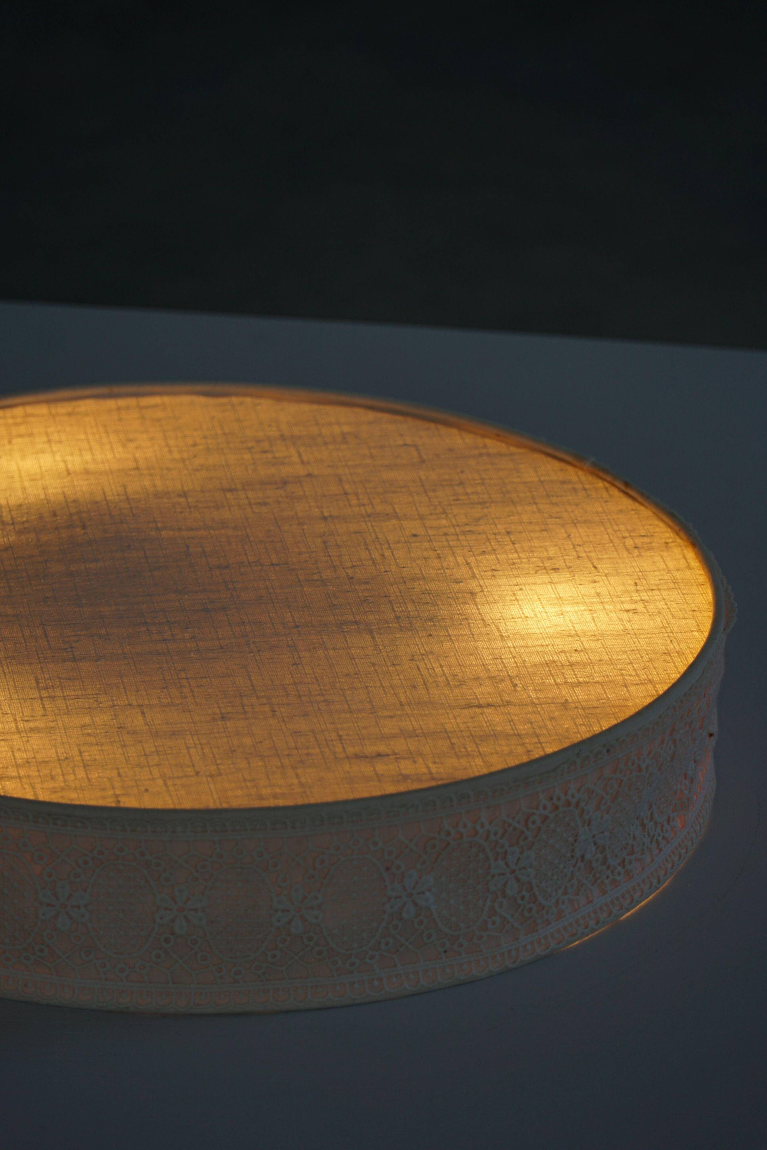 Mid-century modern wall sconce and ceiling light in linen and lace, Sweden, 1950s.