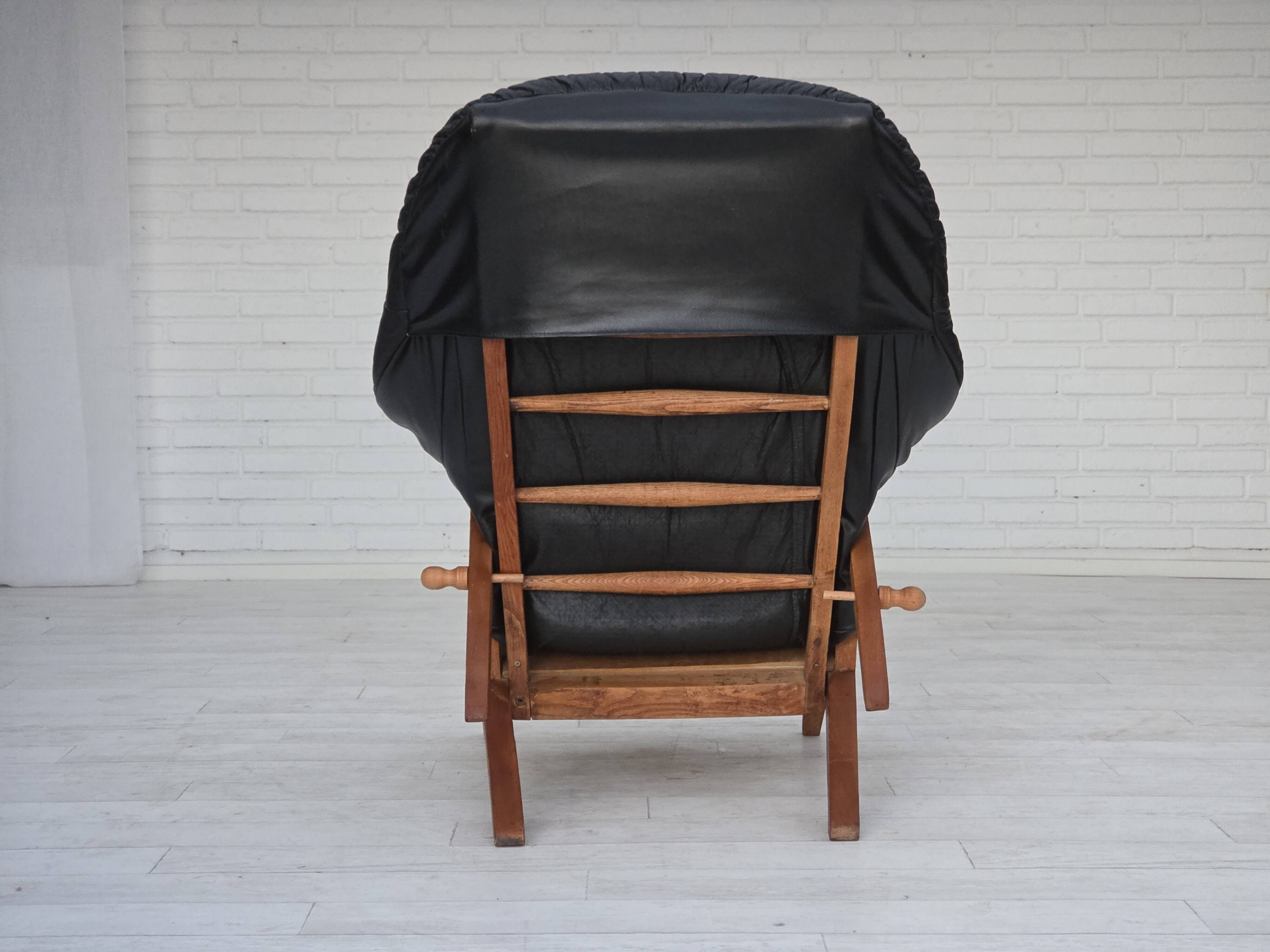1950s, vintage adjustable armchair, black leather, ash wood.