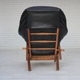 1950s, vintage adjustable armchair, black leather, ash wood.