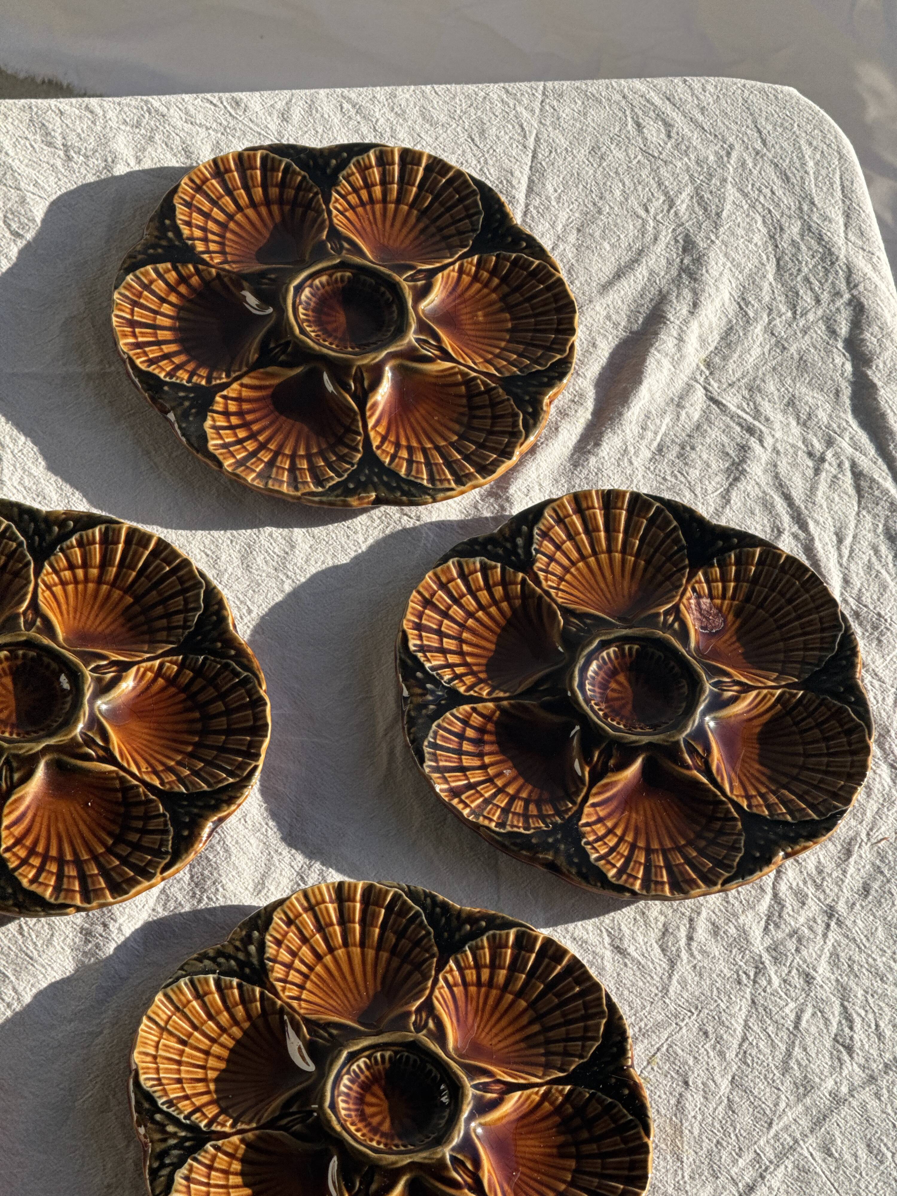 Set of 12 oyster or shell plates in glazed brown ceramic D