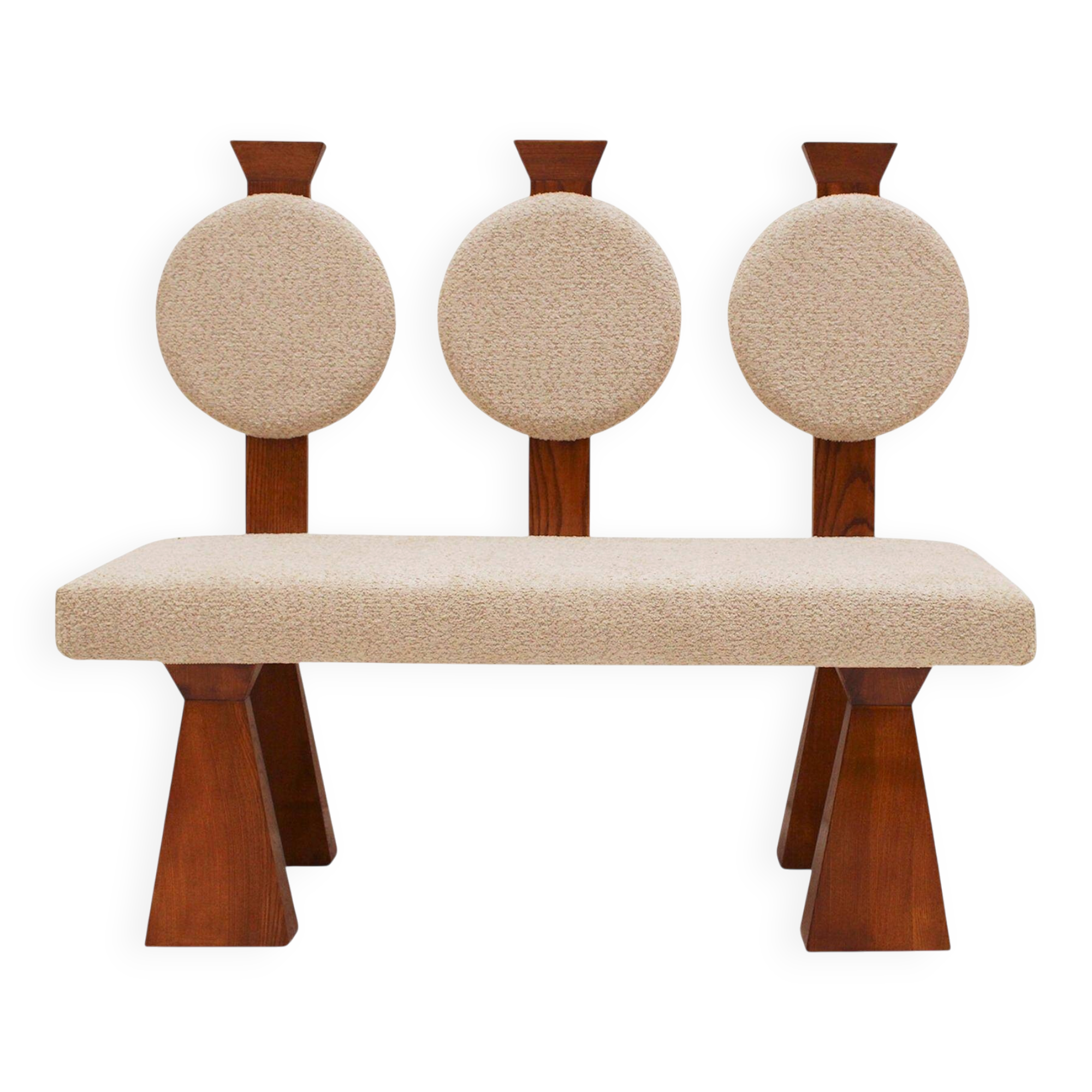 Contemporary Wooden Bench with Triple Circular Backrest Bouclé Upholstery, Italy