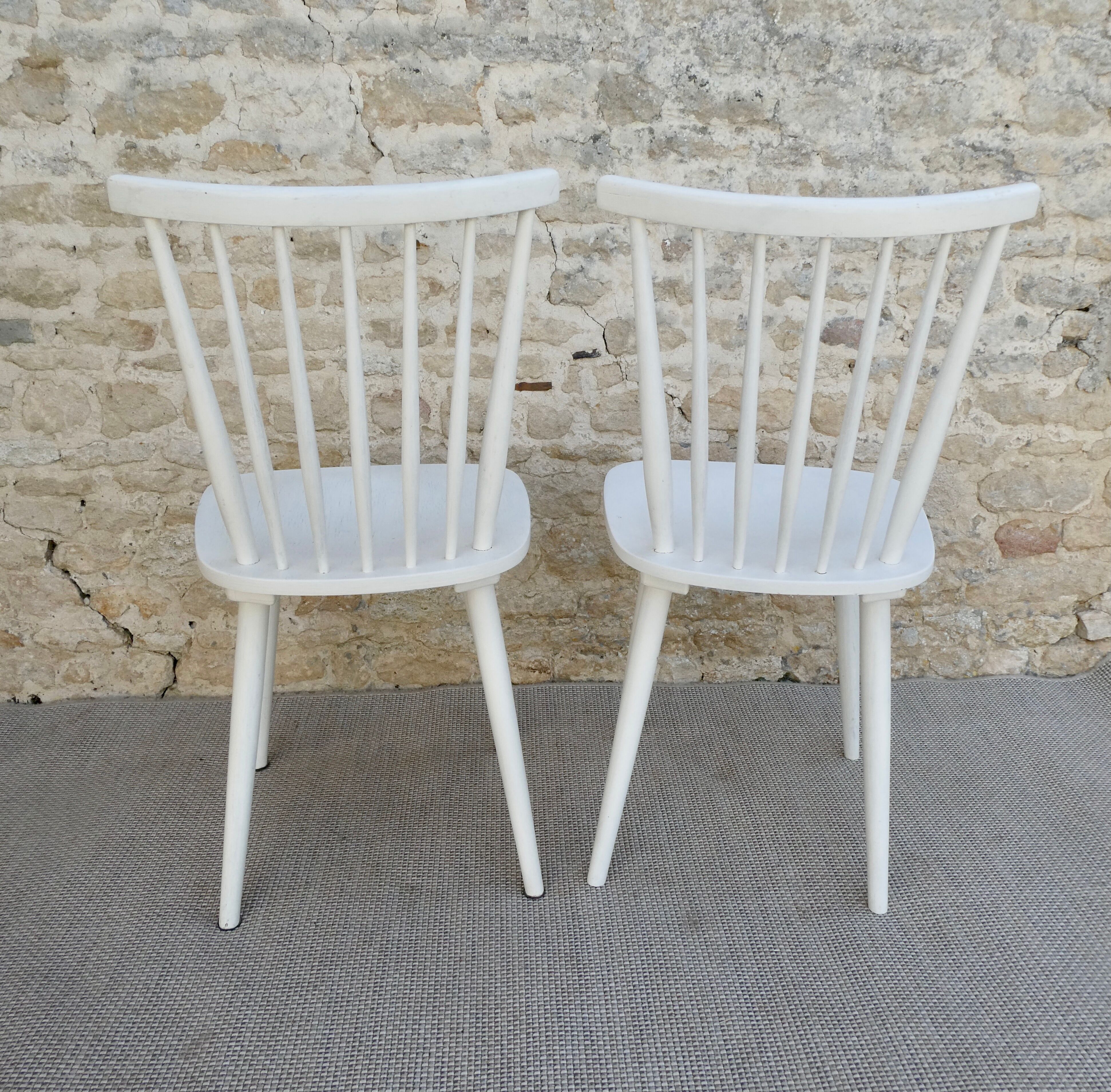 Pair of chairs with bars, wooden, white patina