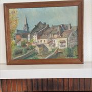 Painting on wood of a countryside village, Creuse