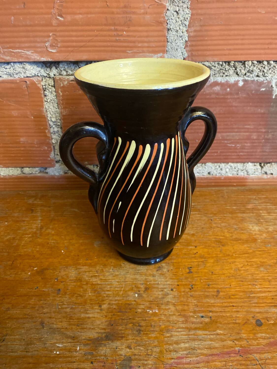 Vase with dwarf handles, black ceramic, vintage decor