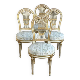 Suite De Quatre Chaises Montgolfières De Style Louis XVI - Bois Laqué Et Doré