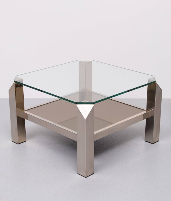 Table basse carrée en chrome et verre du milieu du siècle par Belgo chrome, années 1970