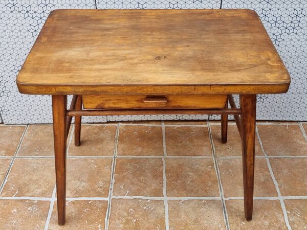 Ensemble bureau et chaise d’écolier en bois Baumann, années 50-60
