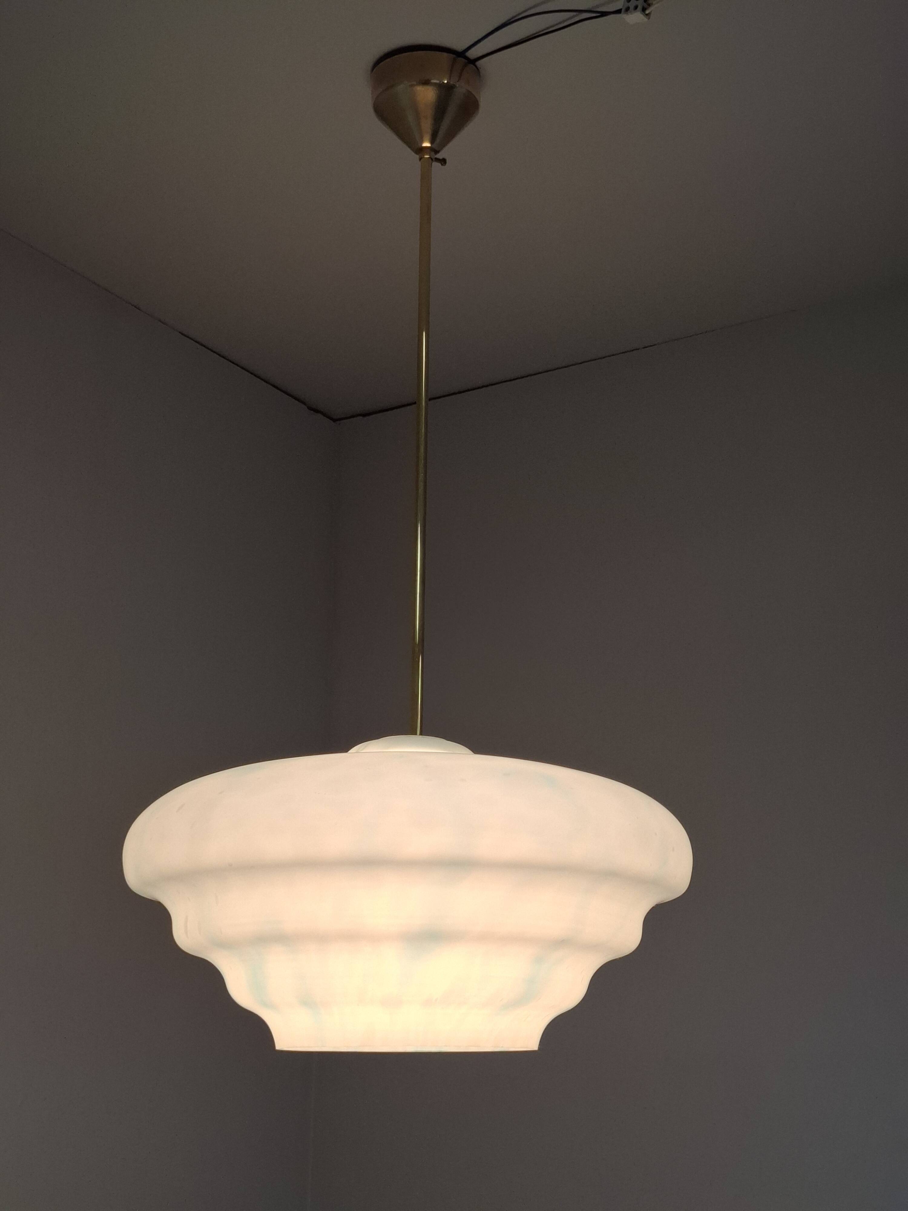 Napako Midcentury Modern Pendant Lamp in Opaline Glass and Brass, Czechoslovakia