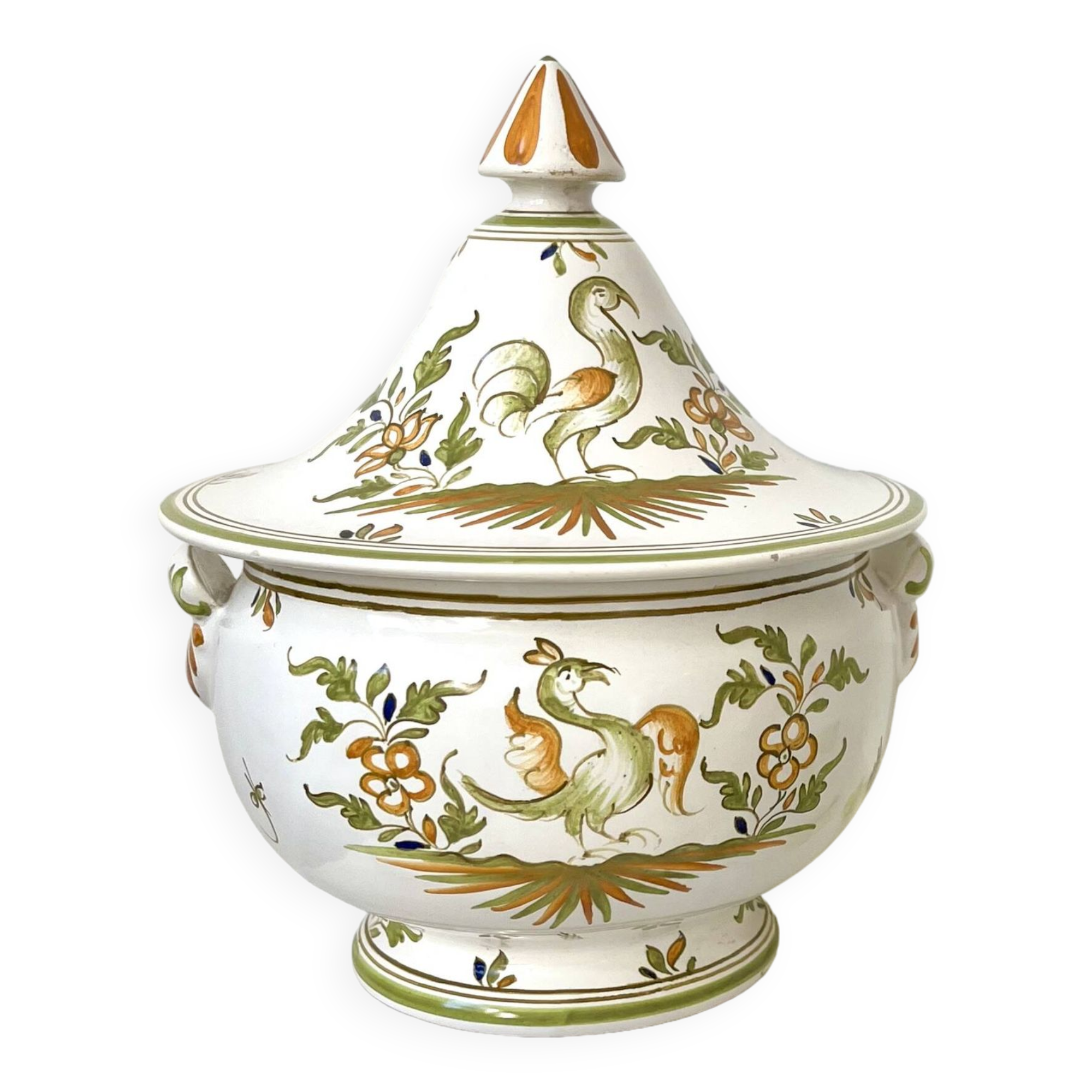 Covered candy jar signed M Malicorne, Moustiers decor