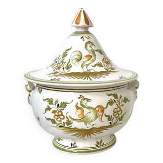 Covered candy jar signed M Malicorne, Moustiers decor
