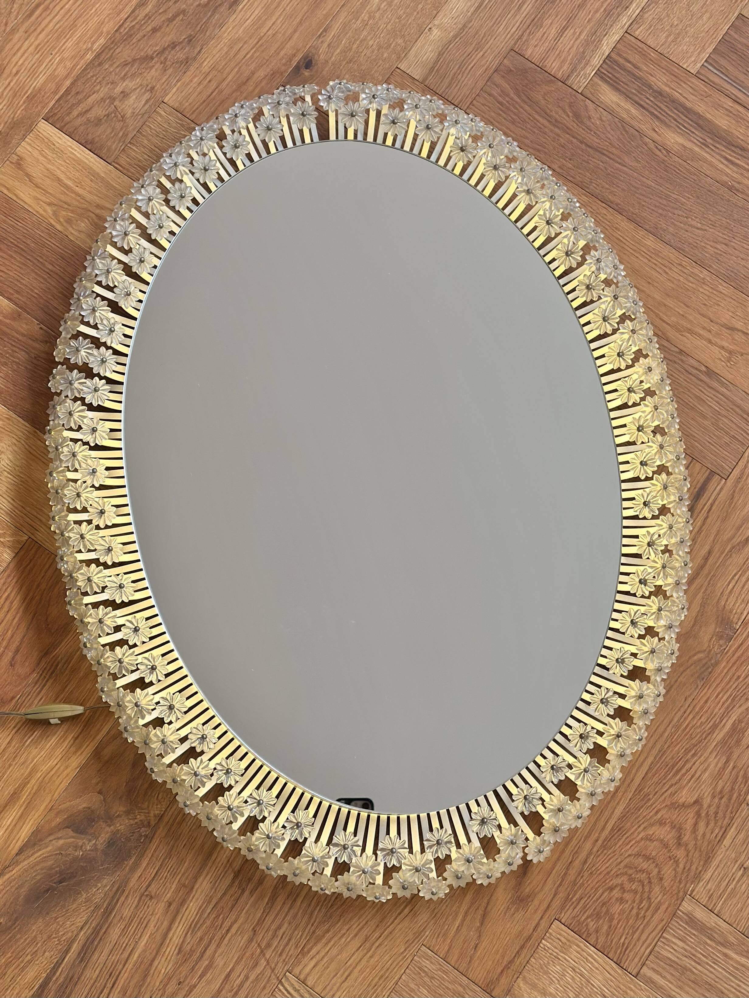 Miroir à fleurs vintage avec éclairage Emil Stejnar Rupert Nikoll