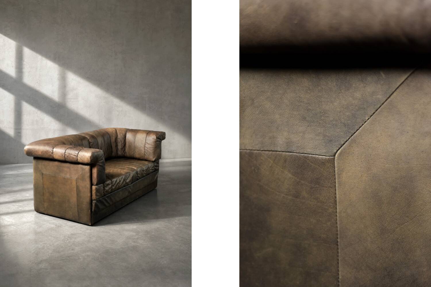 Vintage Mid-Century Modern German Brutalist Brown Leather 2-Seater Sofa