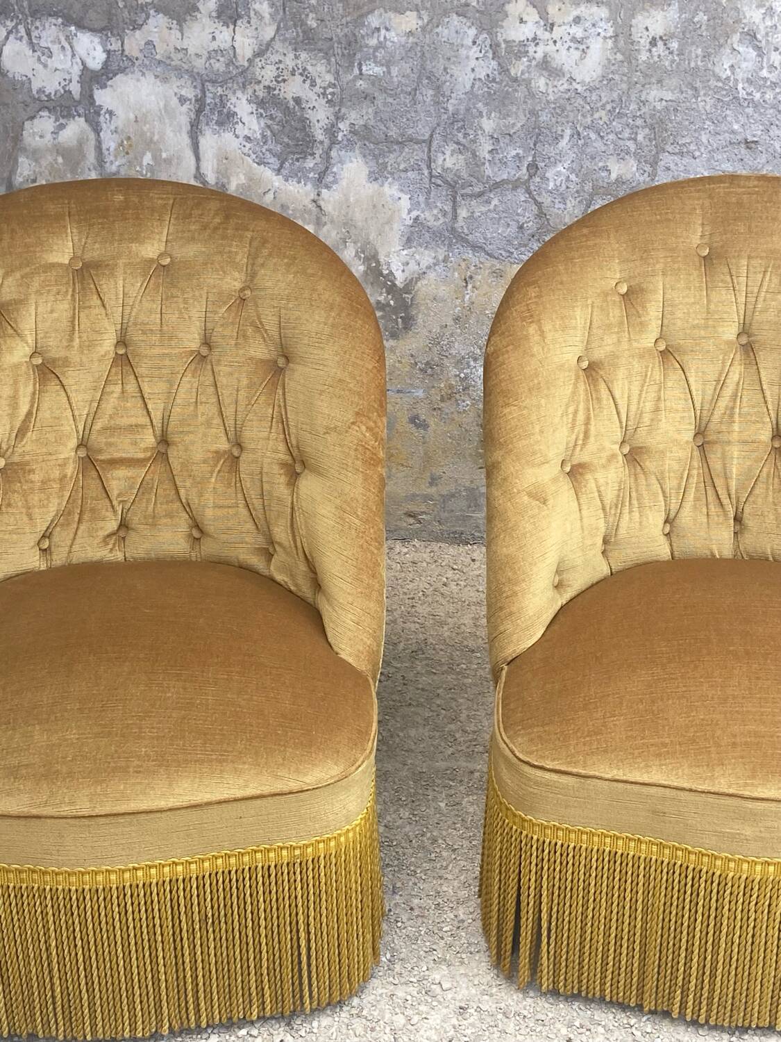 Pair of vintage toad armchairs in golden yellow velvet