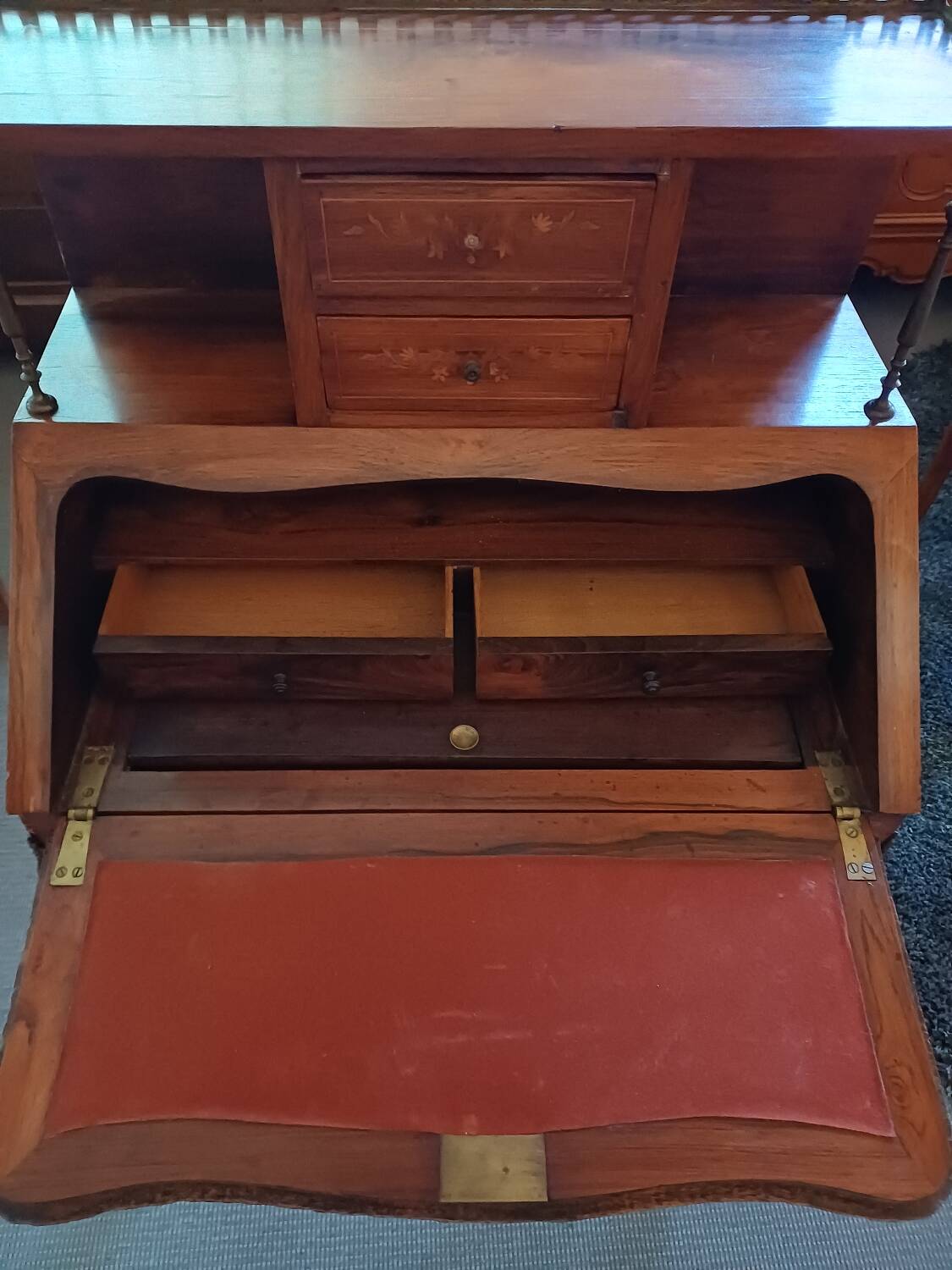 Brown mahogany secretary desk with marquetry