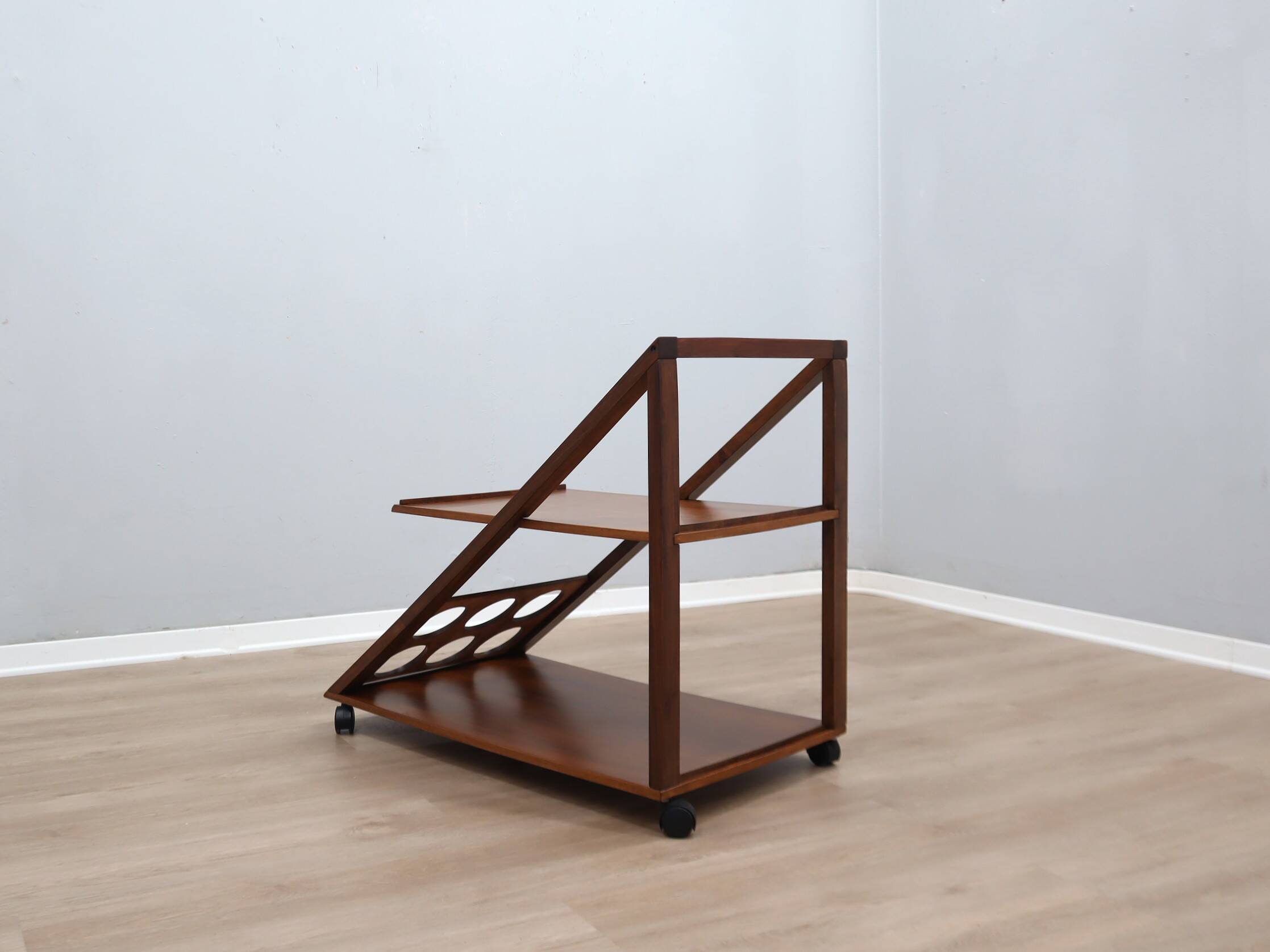 Vintage geometric walnut wood bar cart 1970s