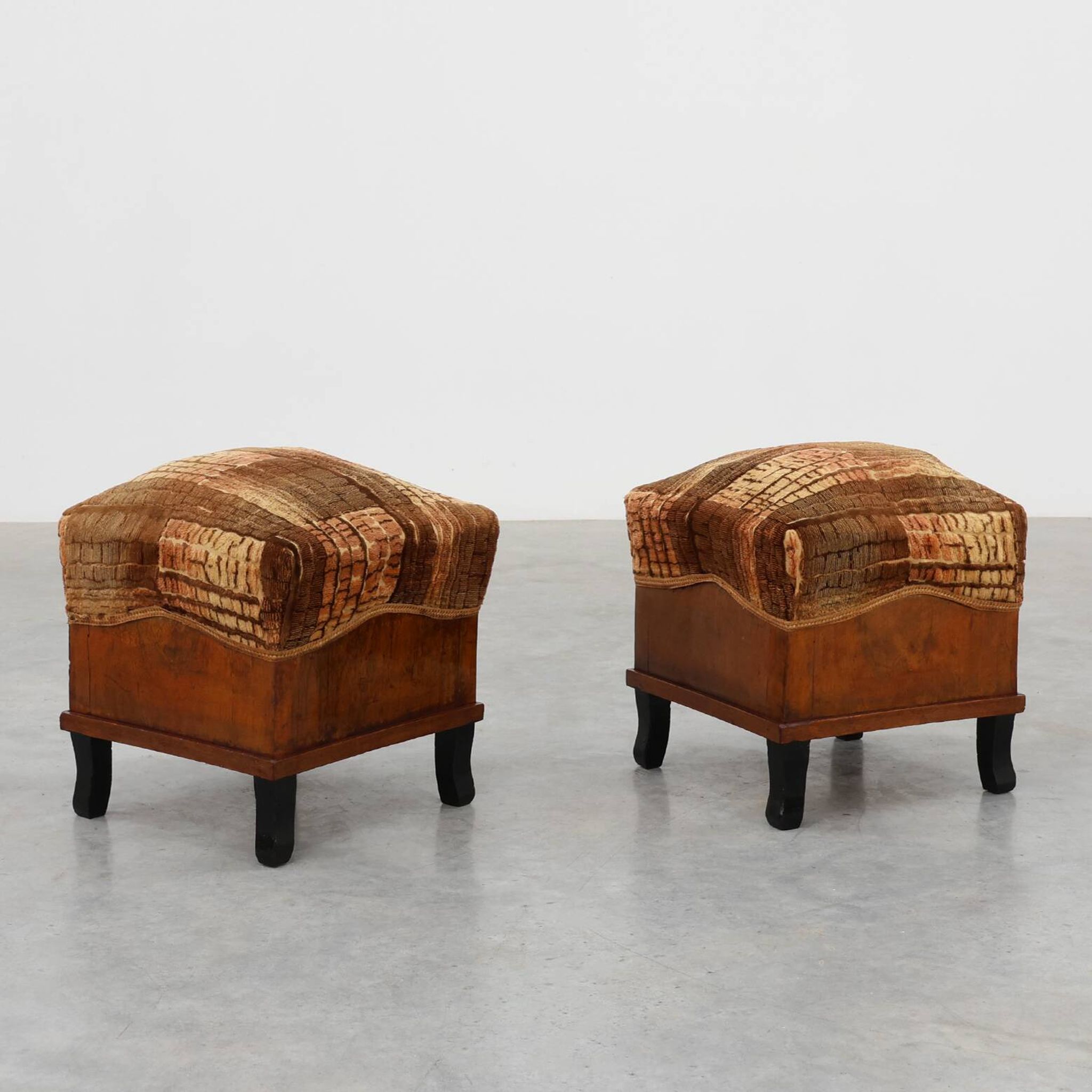 Pair Art Deco walnut stools with original velvet upholstery, Italy 1920s