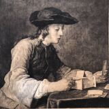 Engraving 1924 le chateau de cartes after chardin, signed berengier pencil, litho etching burin