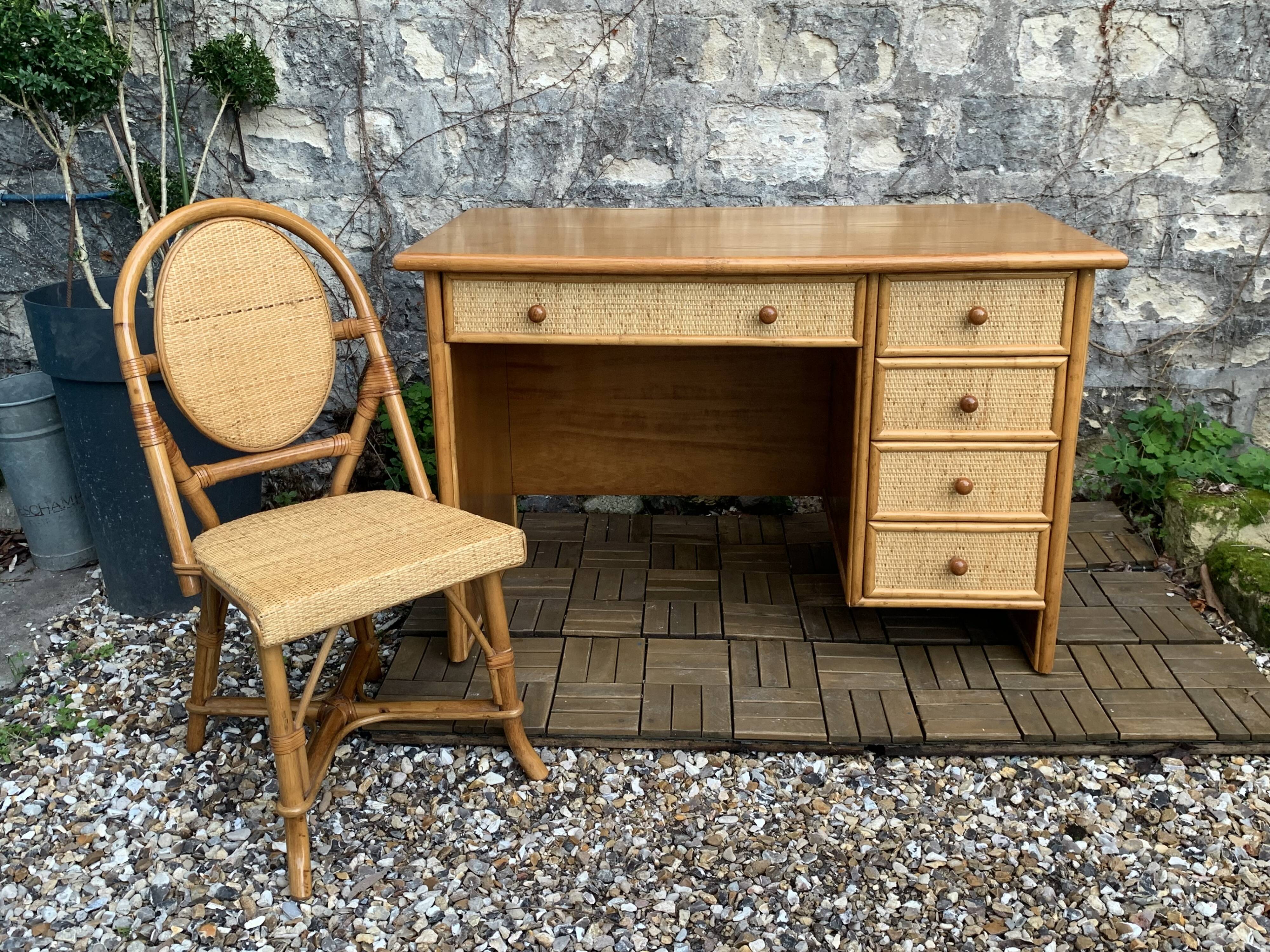 Vintage rattan and woven wicker desk 1970