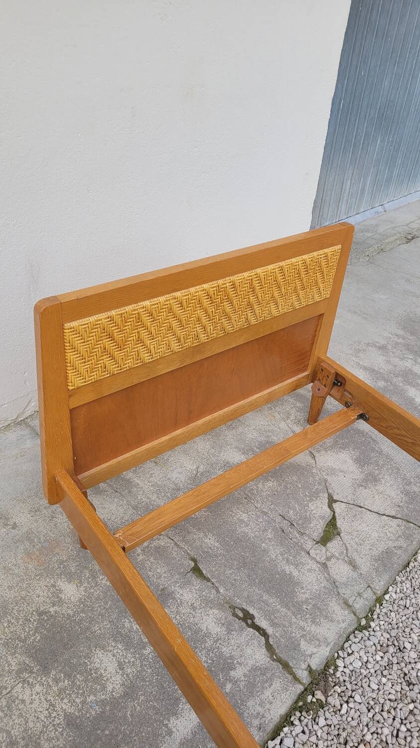 Vintage rattan and solid oak bed 1950s design
