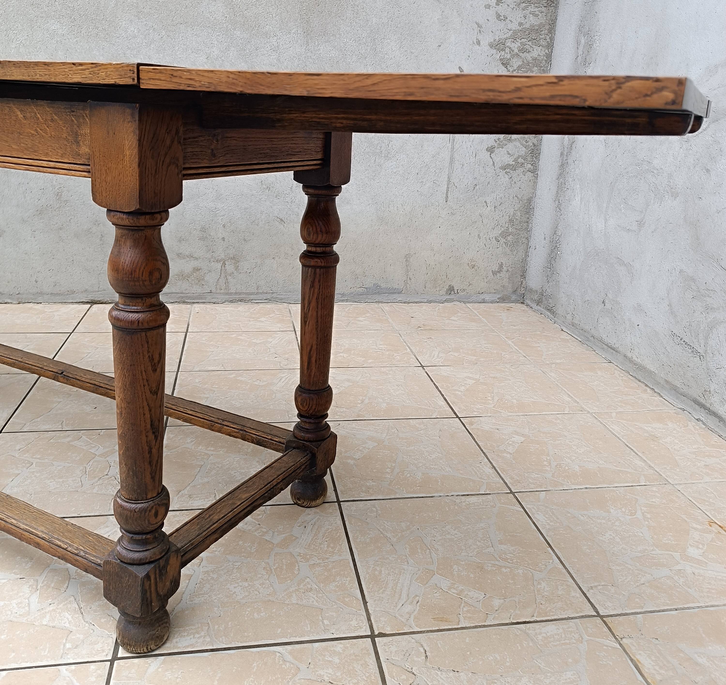 Table console rustique à rallonges en chêne début 20ème