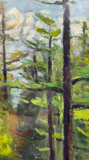 Snowy mountain landscape with pine trees, oil on canvas.