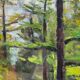 Snowy mountain landscape with pine trees, oil on canvas.