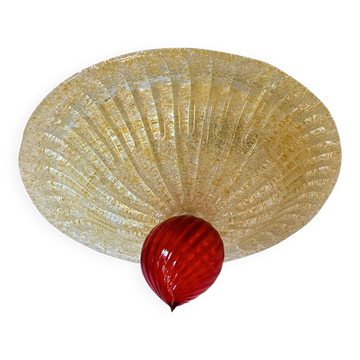 Lively gold-grid graniglia and red murano glass flush mount
