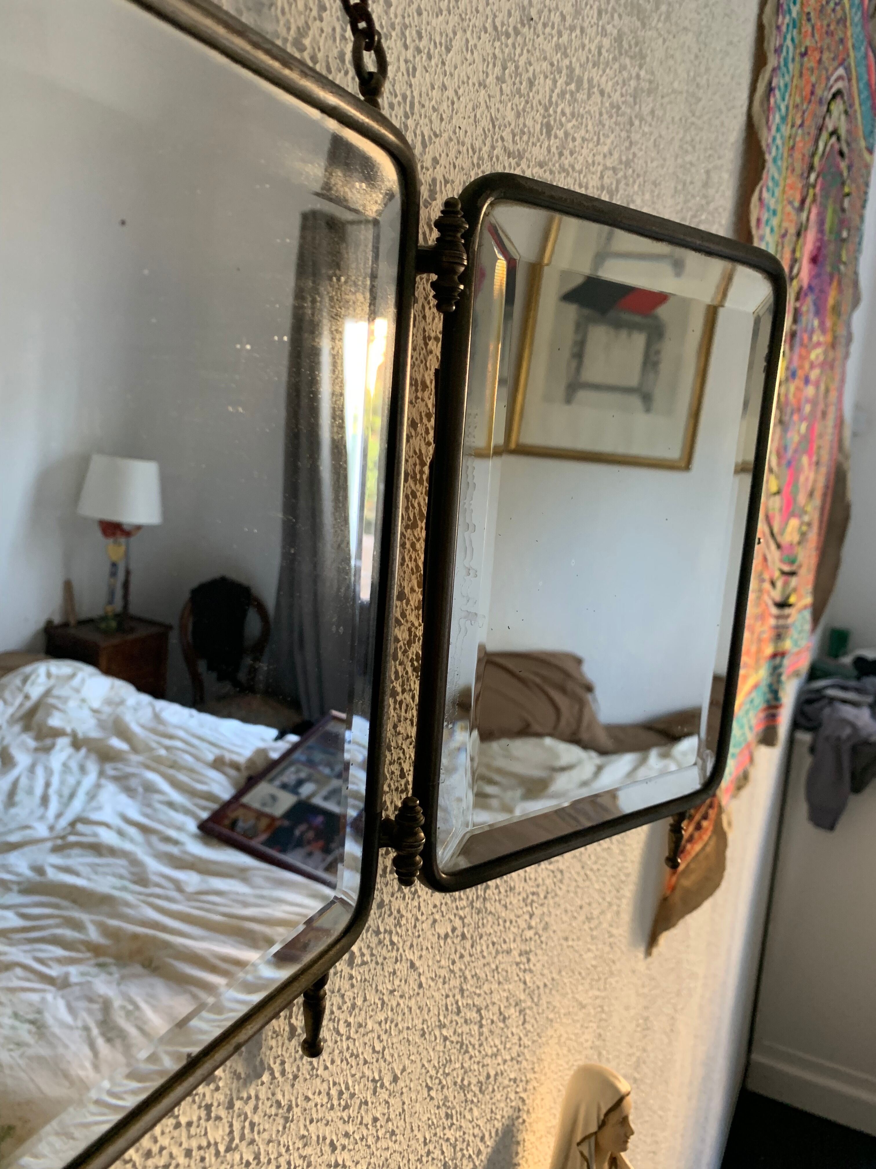 Vintage mirror 1930 triptych beveled barber crystal - 28 x 58 cm