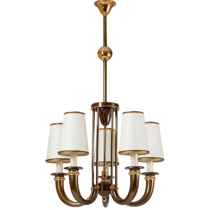 Art Deco chandelier in bronze and opaline by Jean Pascaud, 1940s.