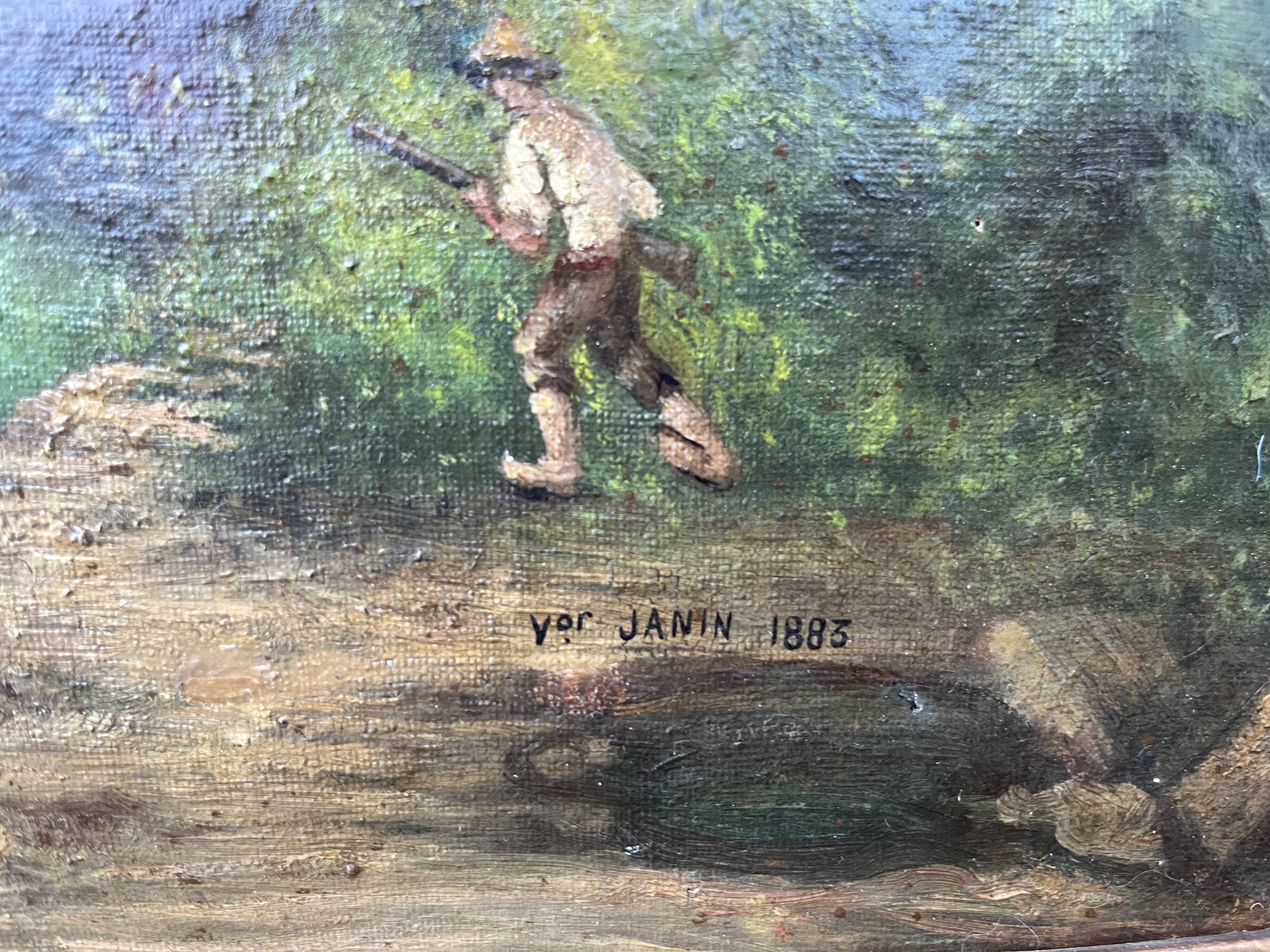 19th century painting, signed Vor Janin 1883 – Lively landscape by the water