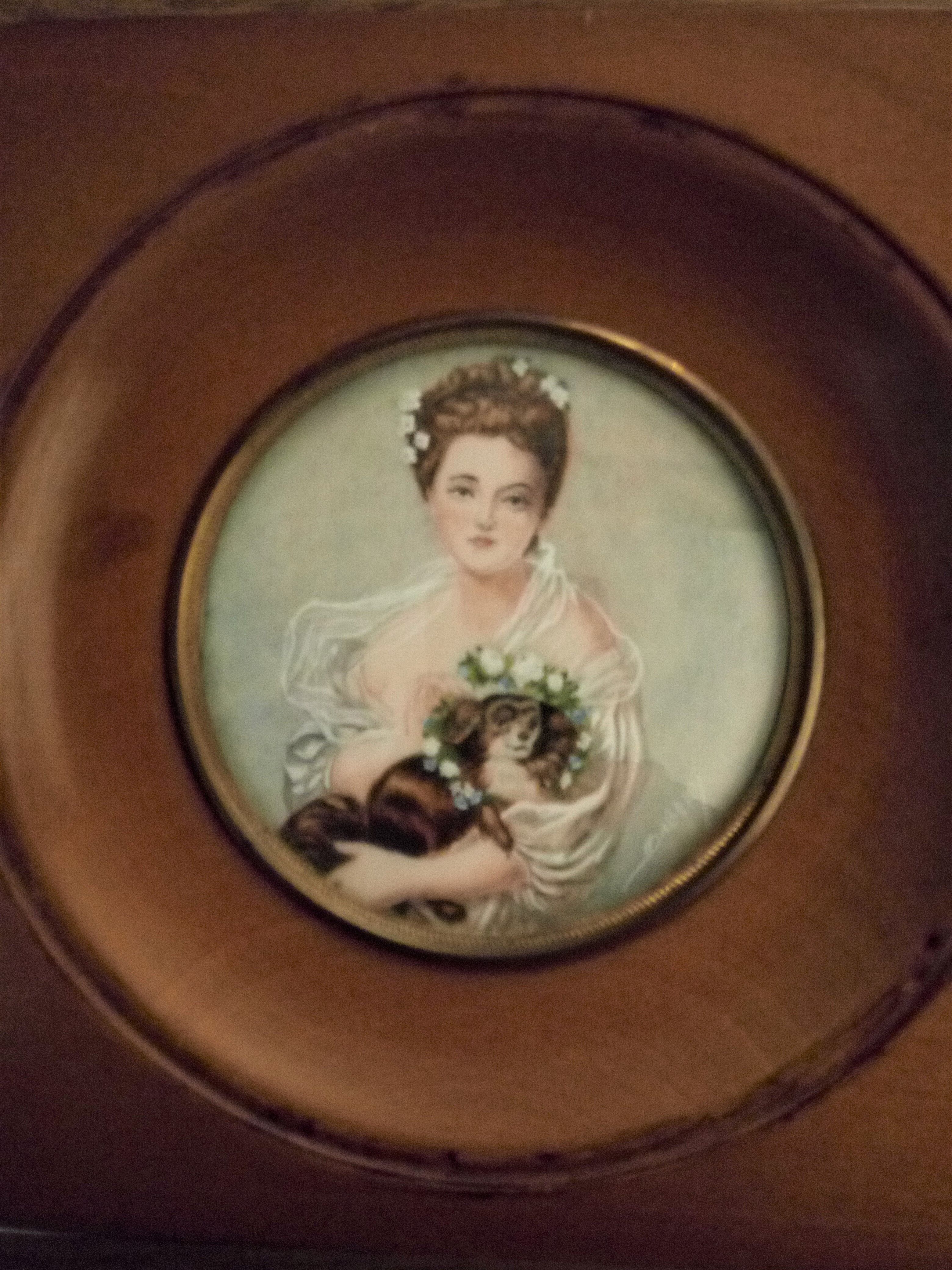 miniature painting. Young girl with dog. Signed Dallery.