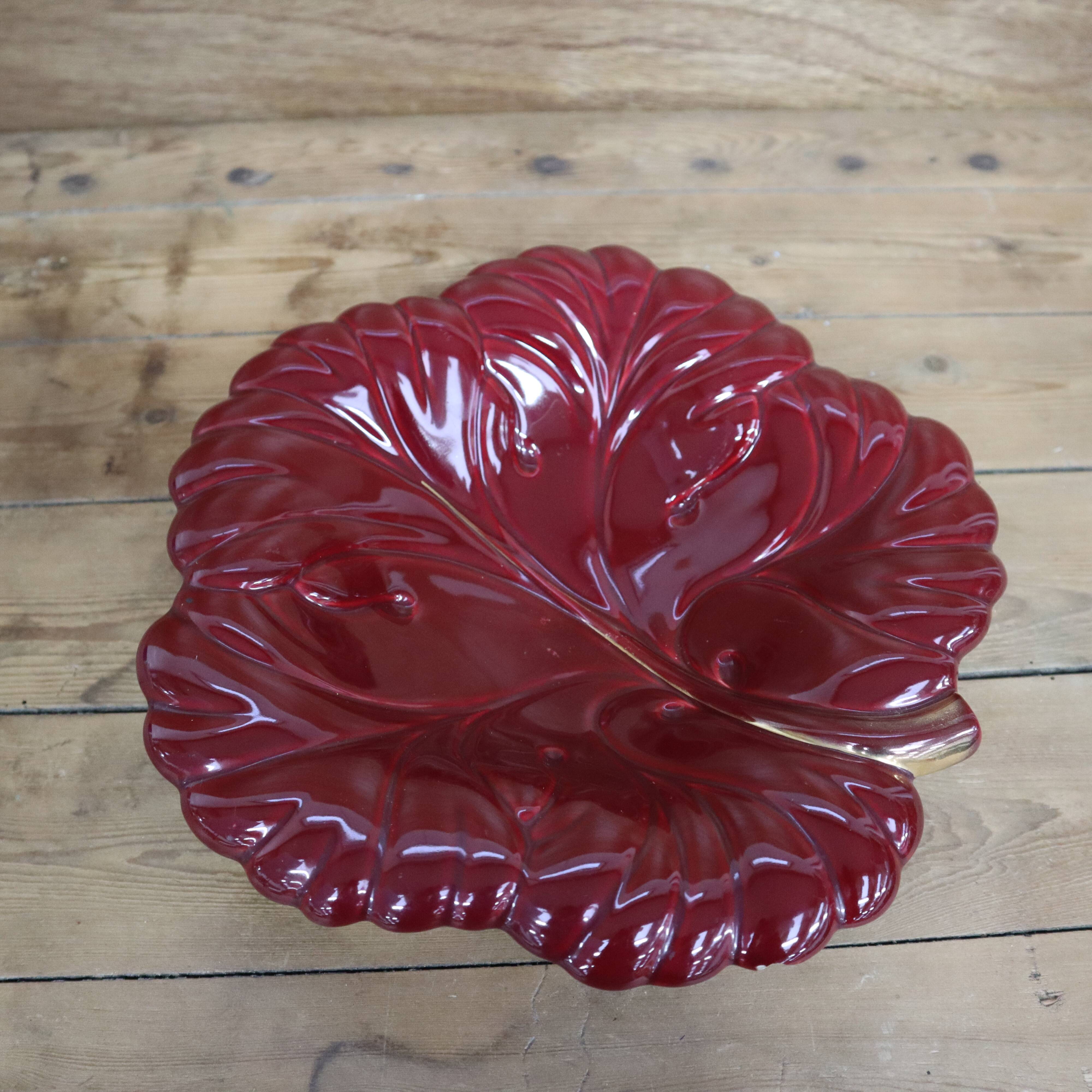 Verceram burgundy leaf salad bowl or fruit basket with gold edging